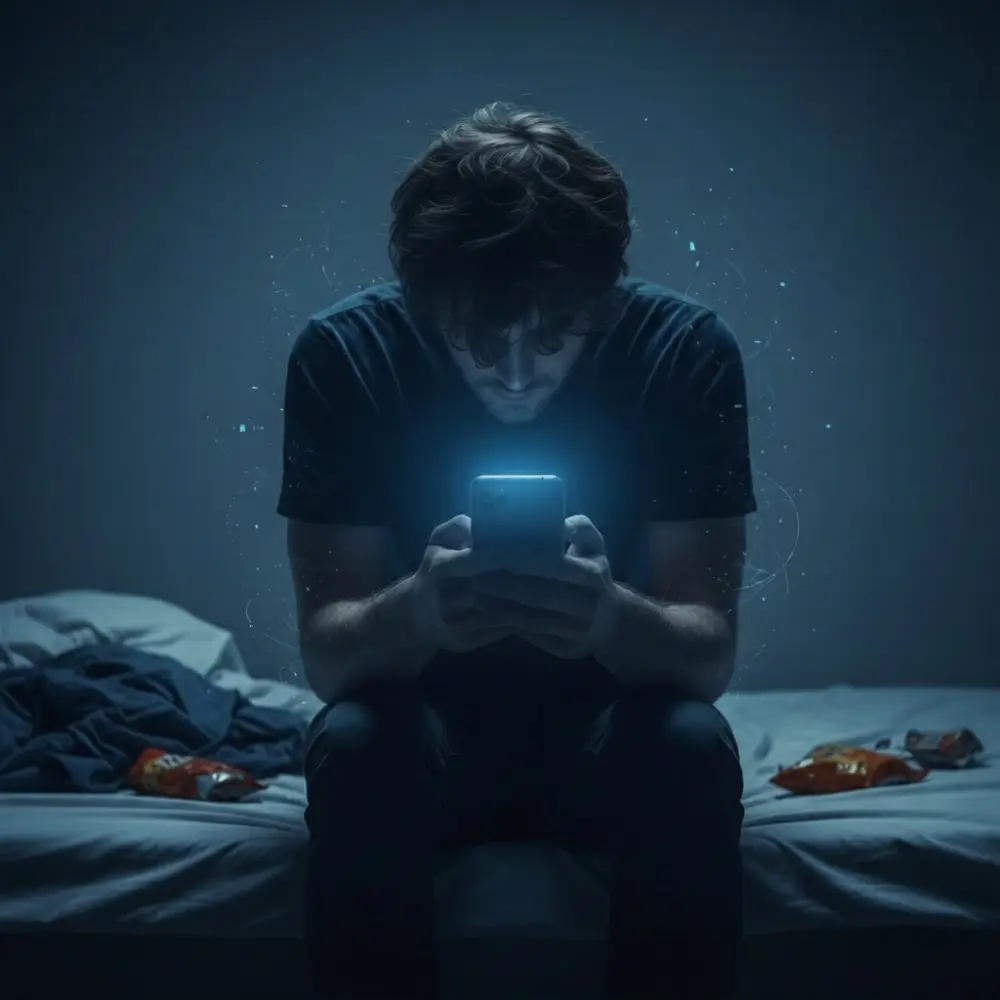 Person with tech neck posture looking at phone screen time impact